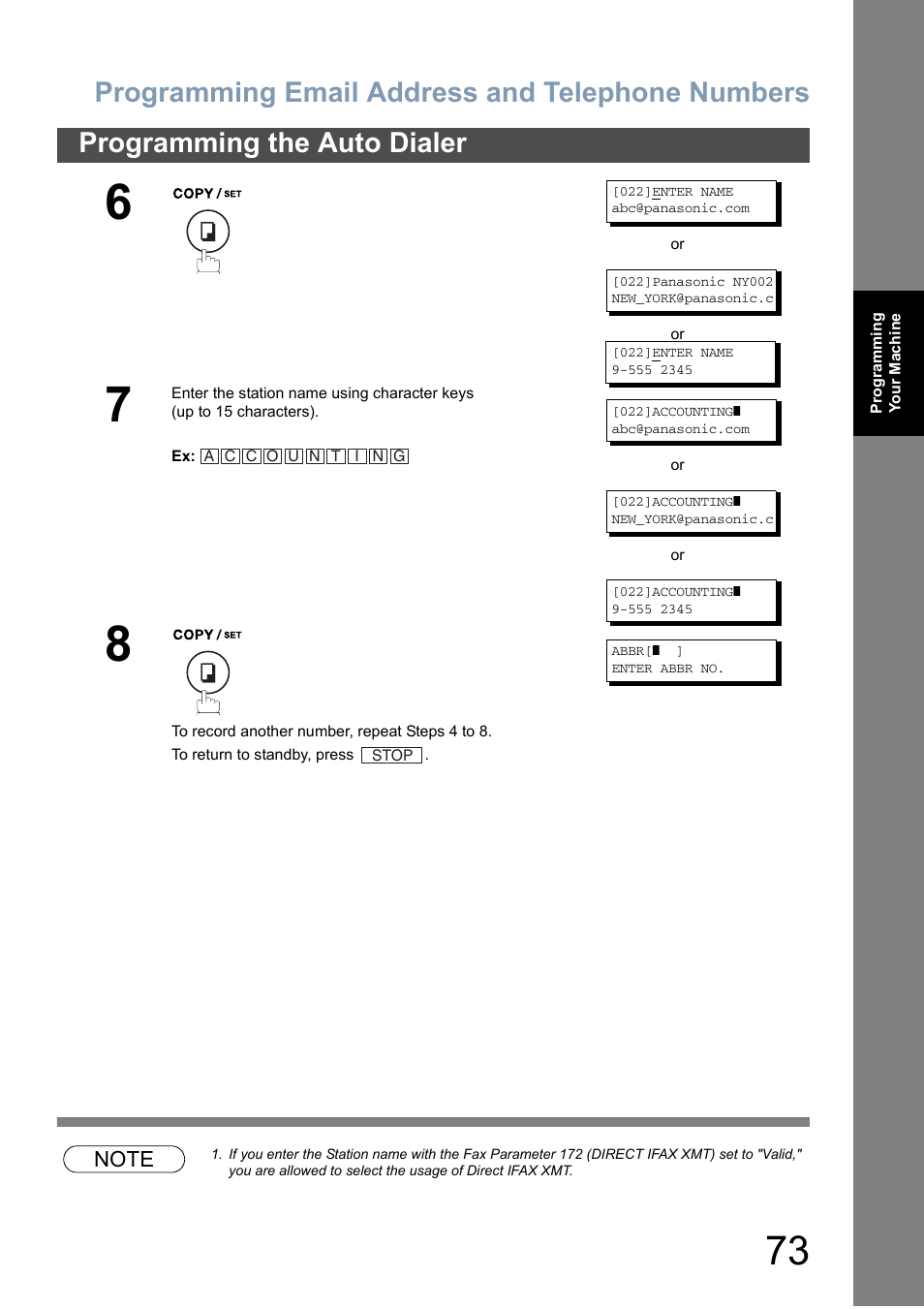 Programming email address and telephone numbers, Programming the auto dialer | Panasonic DX-800 User Manual | Page 73 / 256