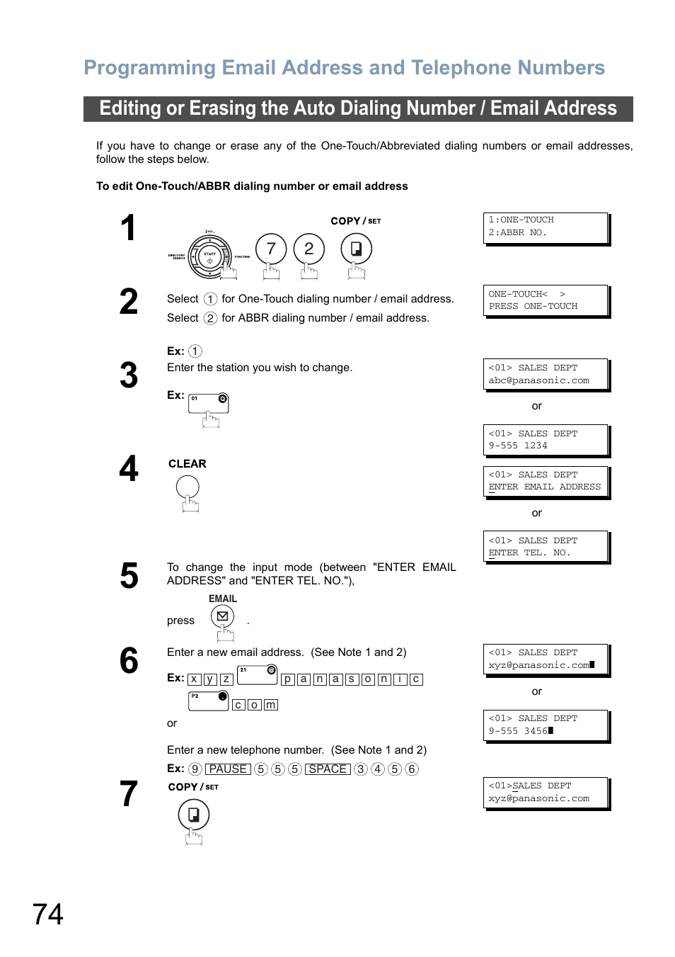 Programming email address and telephone numbers | Panasonic DX-800 User Manual | Page 74 / 256