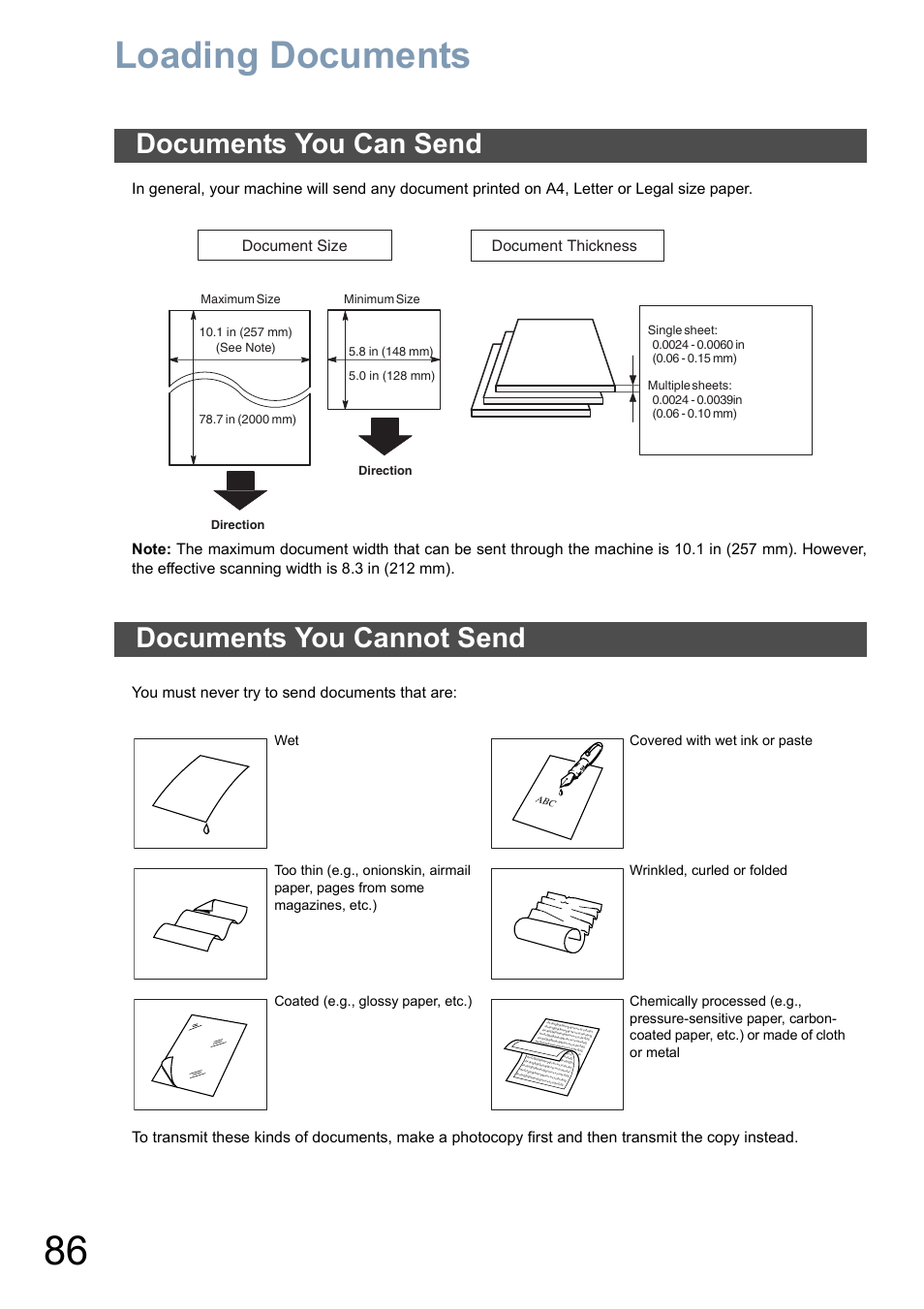 Basic operations, Loading documents, Documents you can send | Documents you cannot send, Documents you can send documents you cannot send, Document size, Document thickness | Panasonic DX-800 User Manual | Page 86 / 256