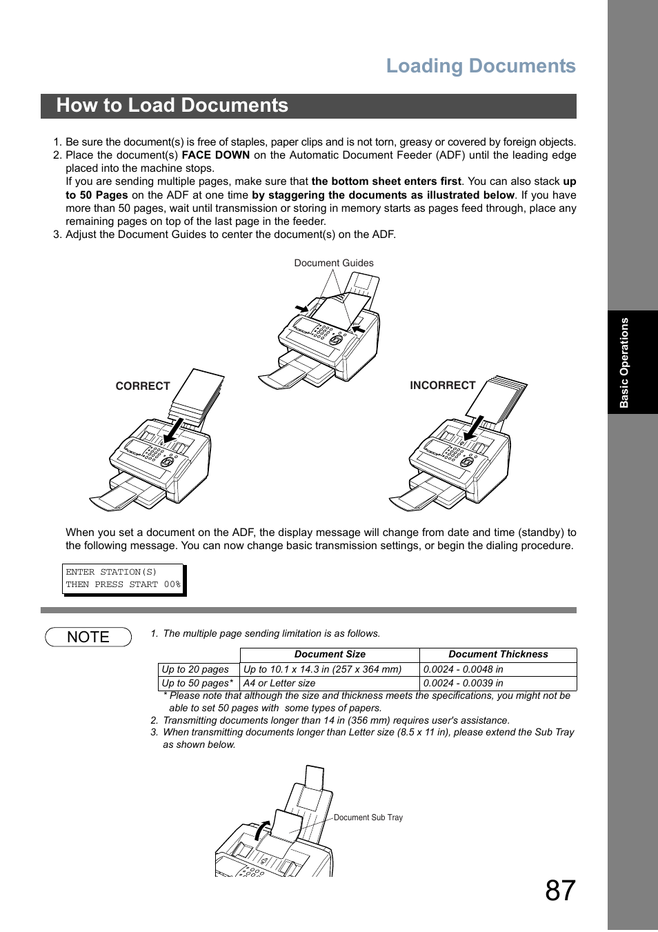 How to load documents, Loading documents | Panasonic DX-800 User Manual | Page 87 / 256