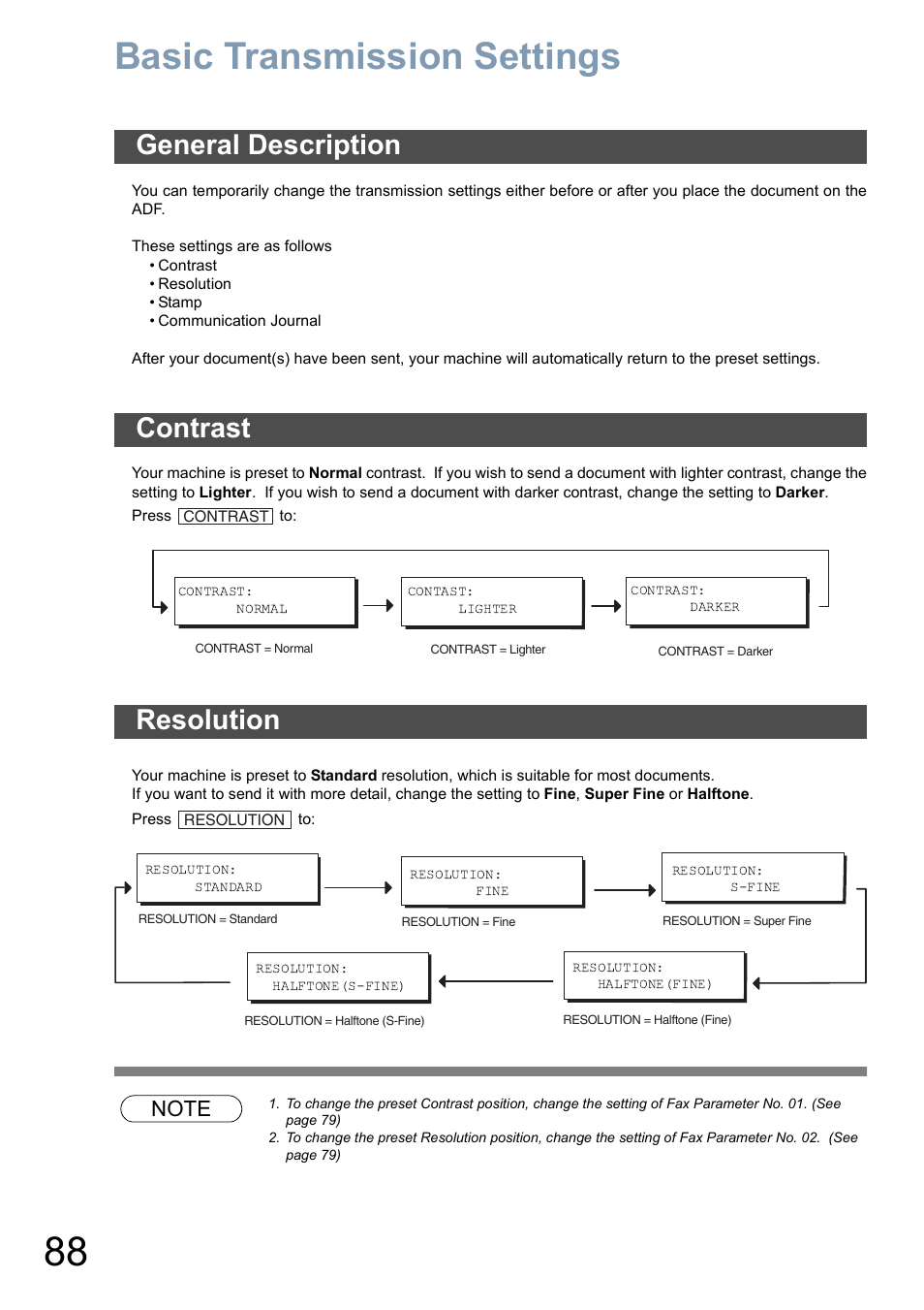 Basic transmission settings, General description, Contrast | Resolution, General description contrast resolution | Panasonic DX-800 User Manual | Page 88 / 256