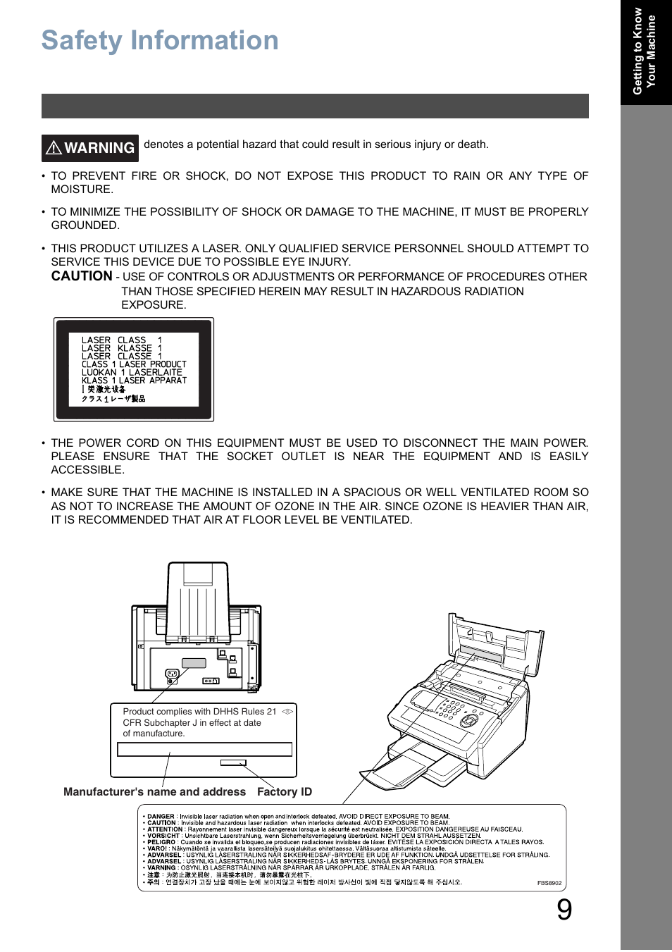 Getting to know your machine, Safety information | Panasonic DX-800 User Manual | Page 9 / 256