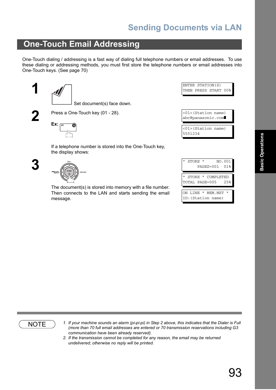 One-touch email addressing, Sending documents via lan | Panasonic DX-800 User Manual | Page 93 / 256
