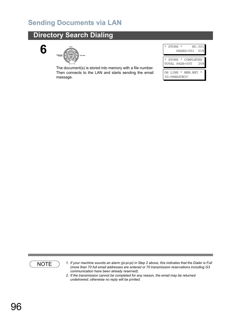 Sending documents via lan, Directory search dialing | Panasonic DX-800 User Manual | Page 96 / 256