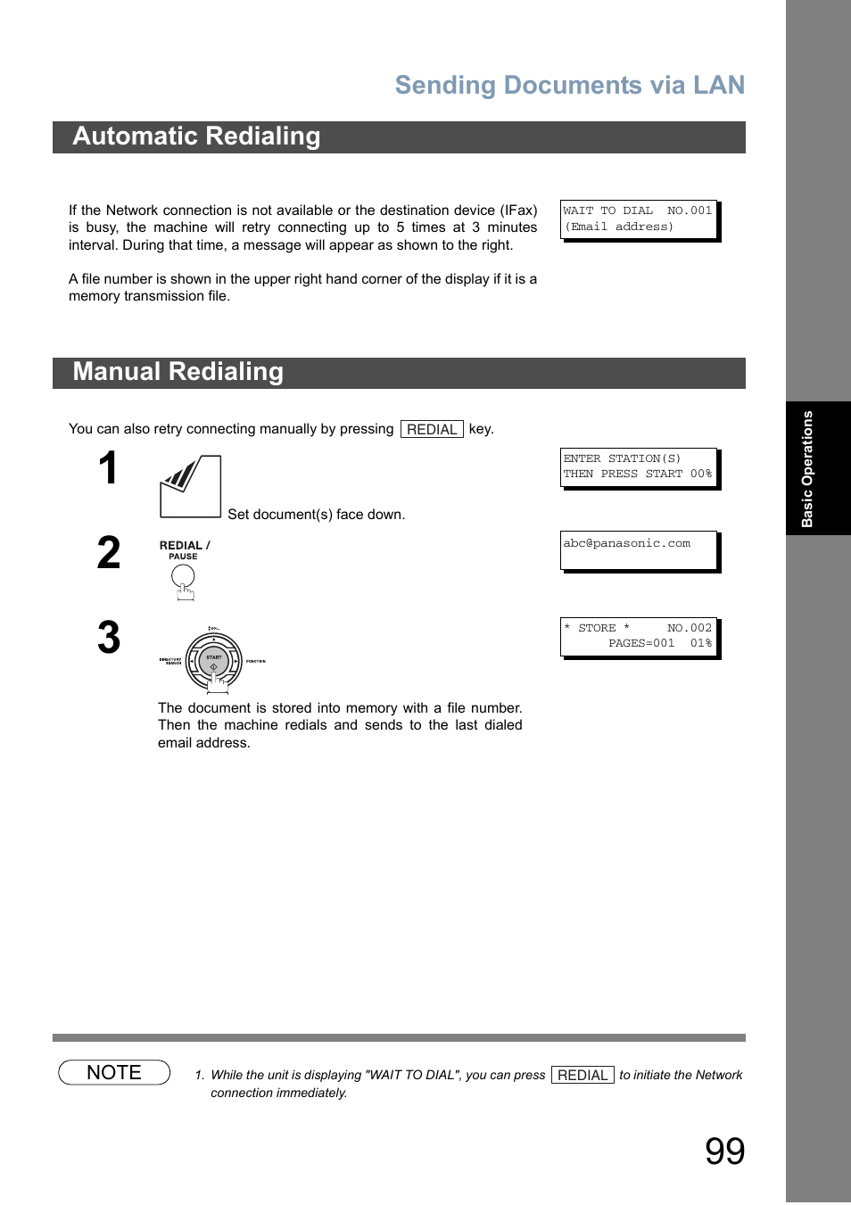 Automatic redialing, Manual redialing, Sending documents via lan | Panasonic DX-800 User Manual | Page 99 / 256