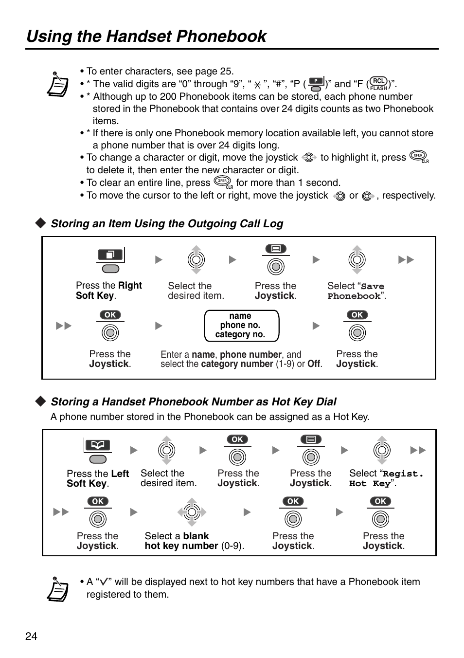 Storing an item using the outgoing call log, Storing a handset phonebook number as hot key dial, Or 24 | Using the handset phonebook | Panasonic KX-TDA100 User Manual | Page 24 / 40