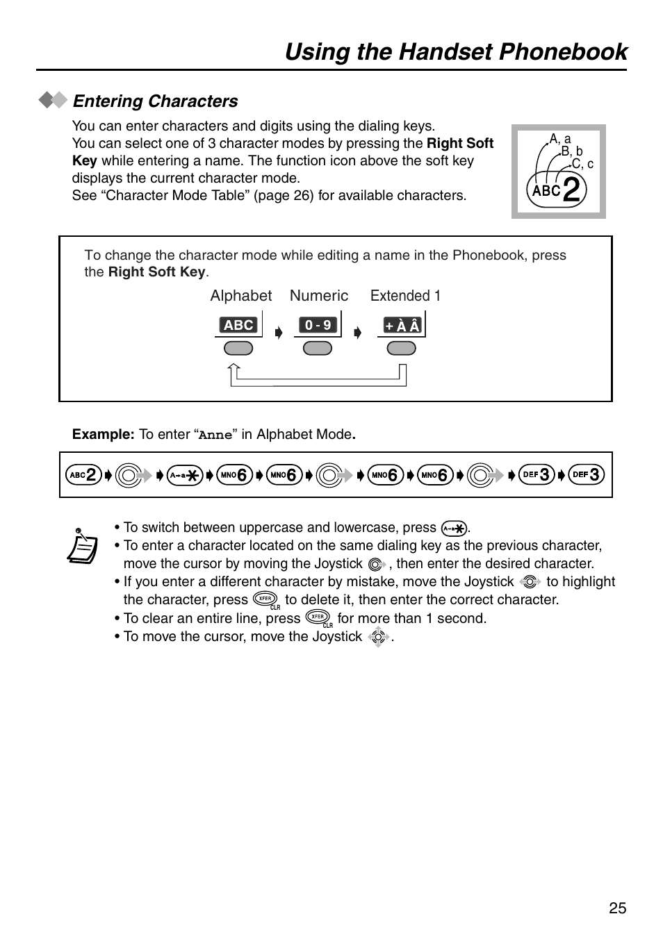 Entering characters, Using the handset phonebook | Panasonic KX-TDA100 User Manual | Page 25 / 40