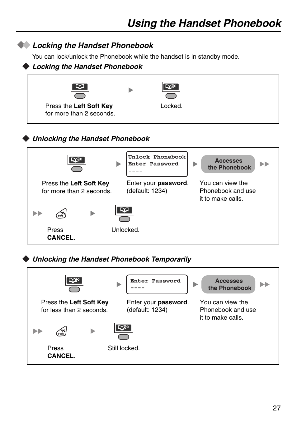 Locking the handset phonebook, Unlocking the handset phonebook, Unlocking the handset phonebook temporarily | Using the handset phonebook | Panasonic KX-TDA100 User Manual | Page 27 / 40