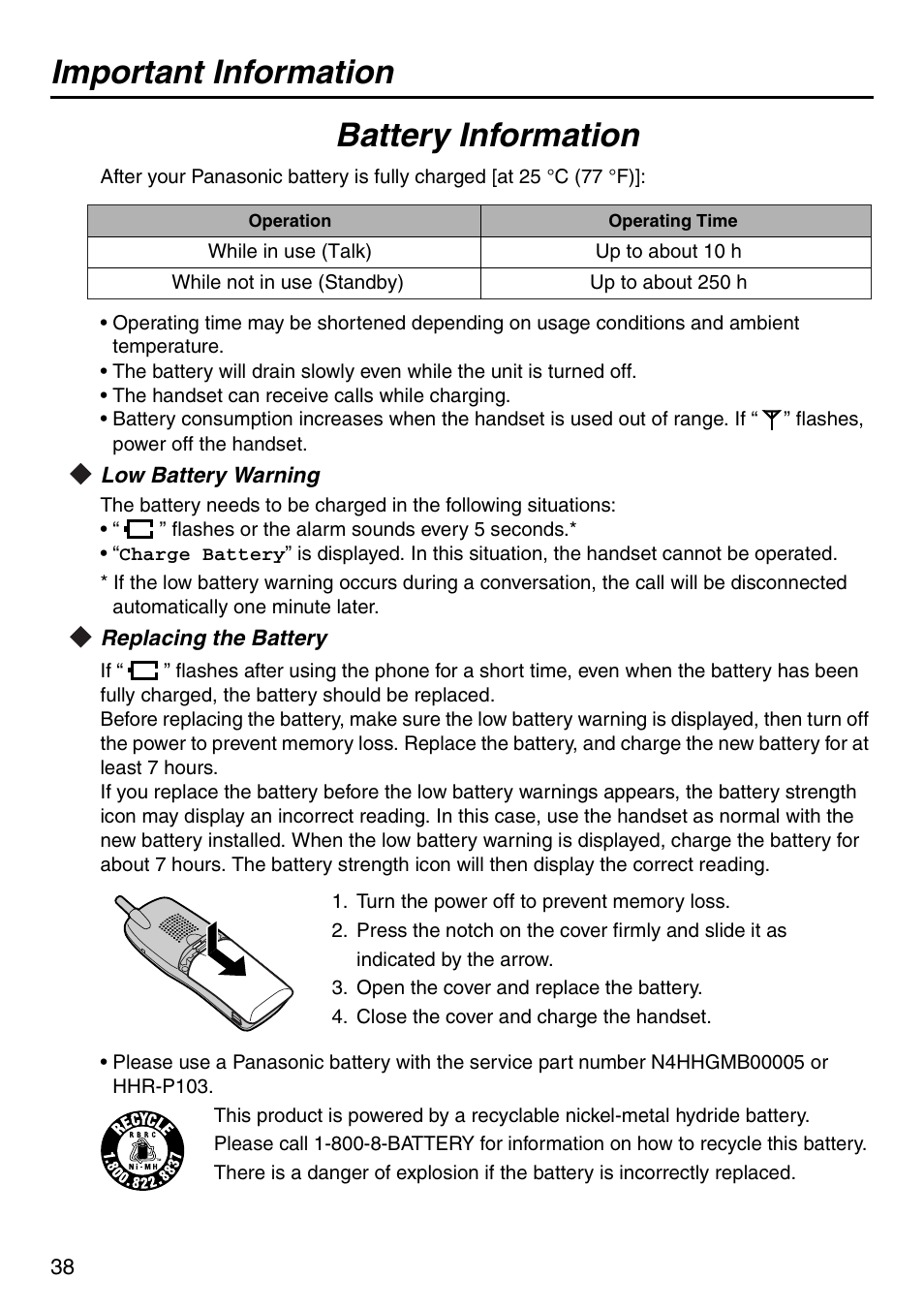 Important information, Battery information, Low battery warning | Replacing the battery | Panasonic KX-TDA100 User Manual | Page 38 / 40