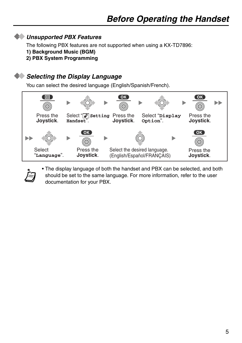 Before operating the handset, Unsupported pbx features, Selecting the display language | Panasonic KX-TDA100 User Manual | Page 5 / 40