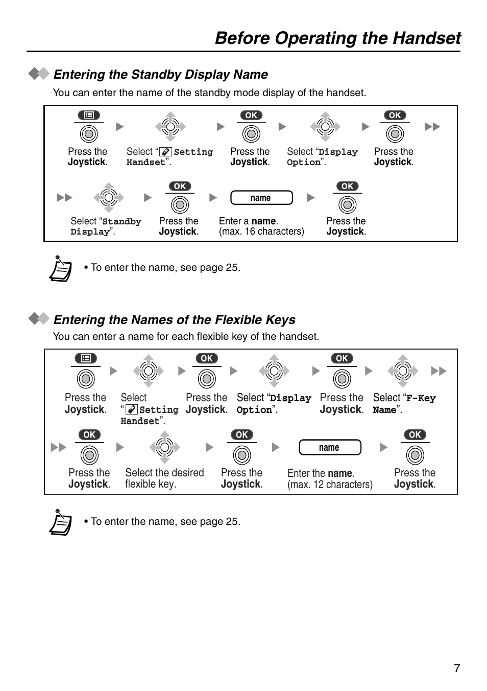 Entering the standby display name, Entering the names of the flexible keys, Before operating the handset | Panasonic KX-TDA100 User Manual | Page 7 / 40