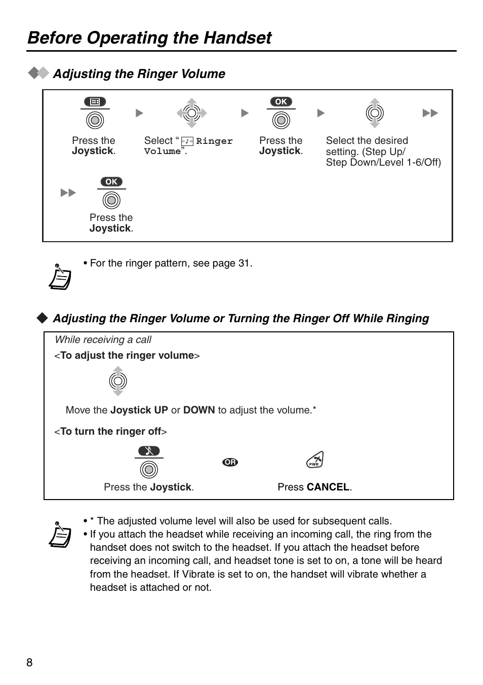 Adjusting the ringer volume, Before operating the handset | Panasonic KX-TDA100 User Manual | Page 8 / 40