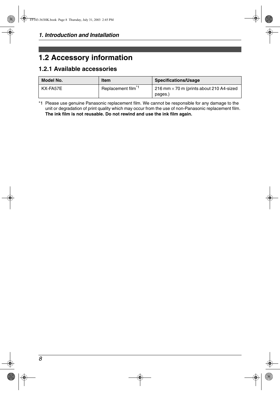 2 accessory information, Accessory information, 2 accessory information | 1 available accessories | Panasonic KX-FP343HK User Manual | Page 10 / 66