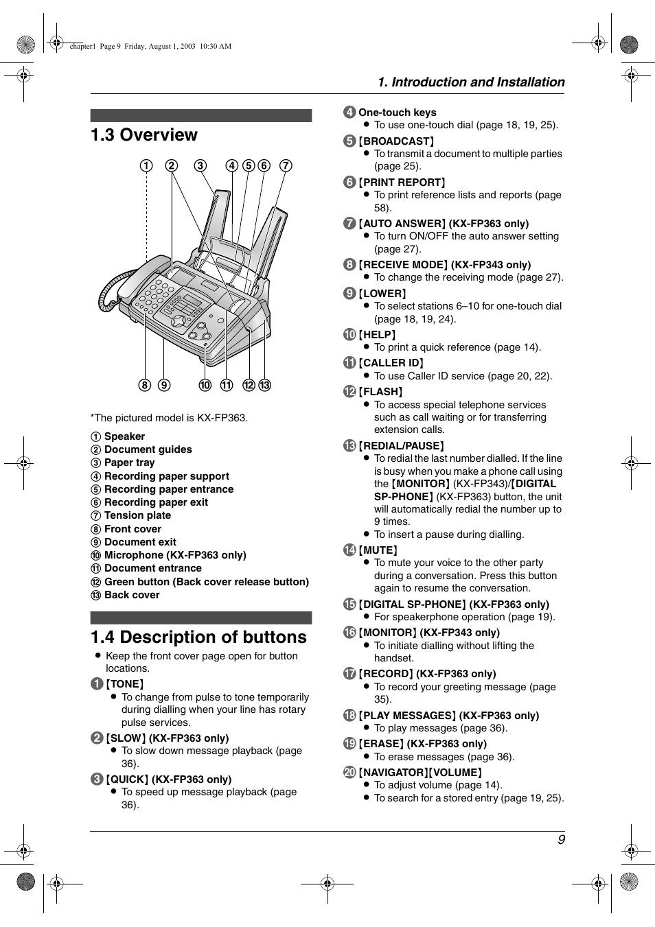 Finding the controls, 3 overview, 4 description of buttons | Overview, Description of buttons, 3 overview, 4 description of buttons | Panasonic KX-FP343HK User Manual | Page 11 / 66