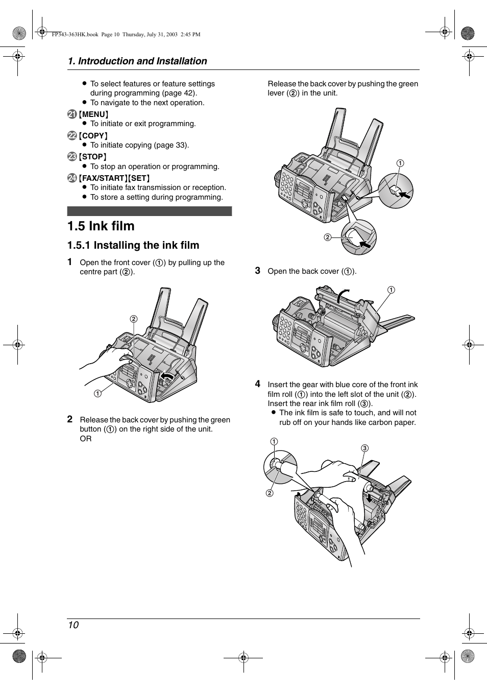 Installation, 5 ink film, Ink film | 5 ink film, 1 installing the ink film | Panasonic KX-FP343HK User Manual | Page 12 / 66