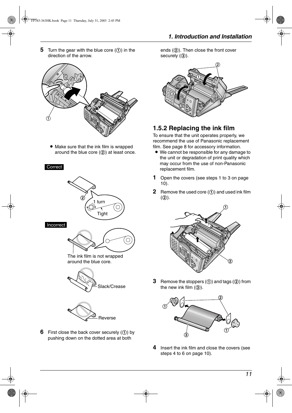 2 replacing the ink film | Panasonic KX-FP343HK User Manual | Page 13 / 66
