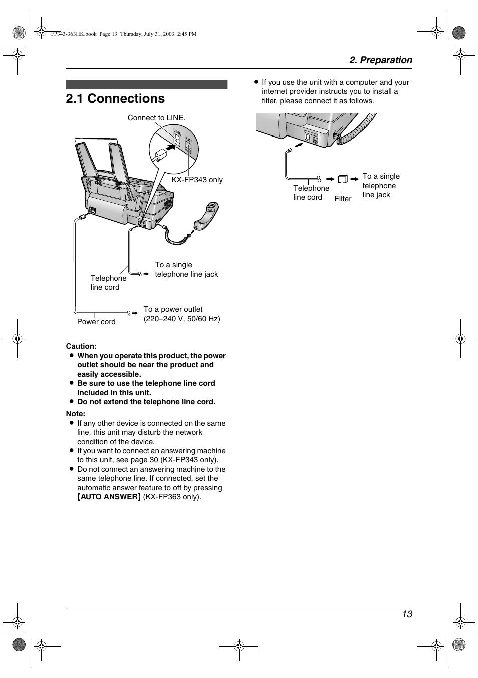 Preparation, Connections and setup, 1 connections | Help button, Connections, 1 connections, Preparation 13 | Panasonic KX-FP343HK User Manual | Page 15 / 66