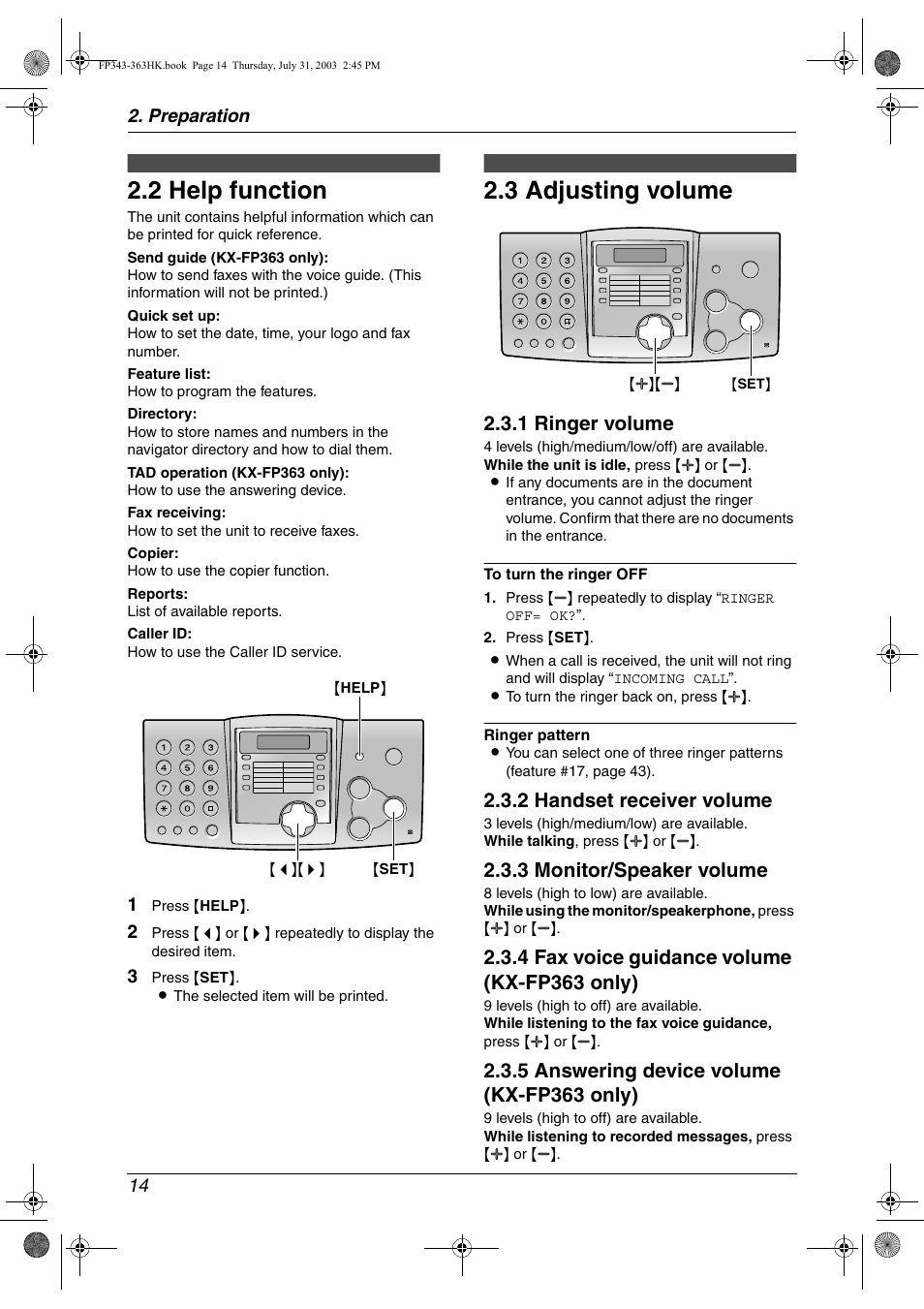 2 help function, Volume, 3 adjusting volume | Help function, Adjusting volume, 2 help function, 3 adjusting volume, 1 ringer volume, 2 handset receiver volume, 3 monitor/speaker volume | Panasonic KX-FP343HK User Manual | Page 16 / 66