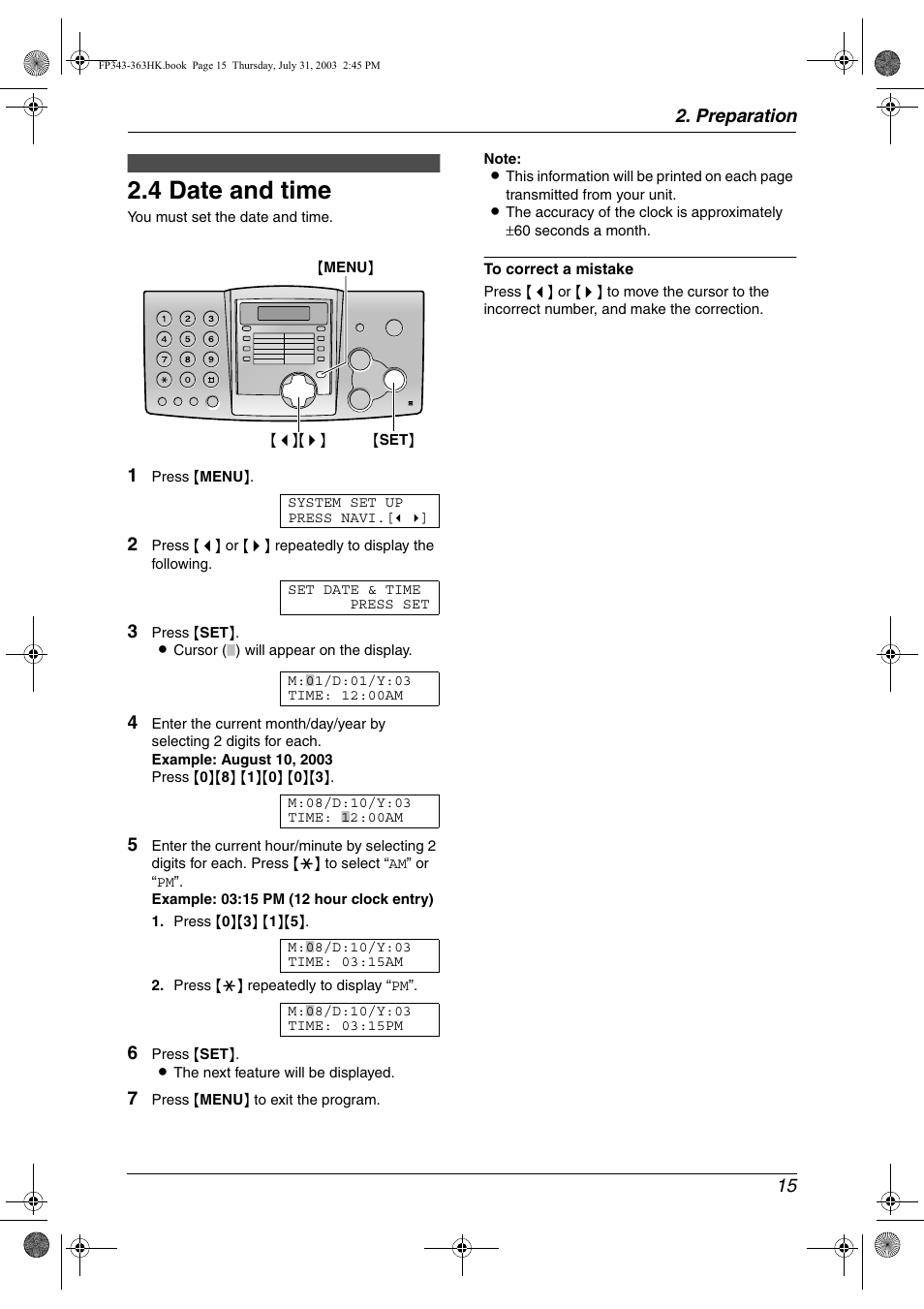 Initial programming, 4 date and time, Date and time | 4 date and time, Preparation 15 | Panasonic KX-FP343HK User Manual | Page 17 / 66