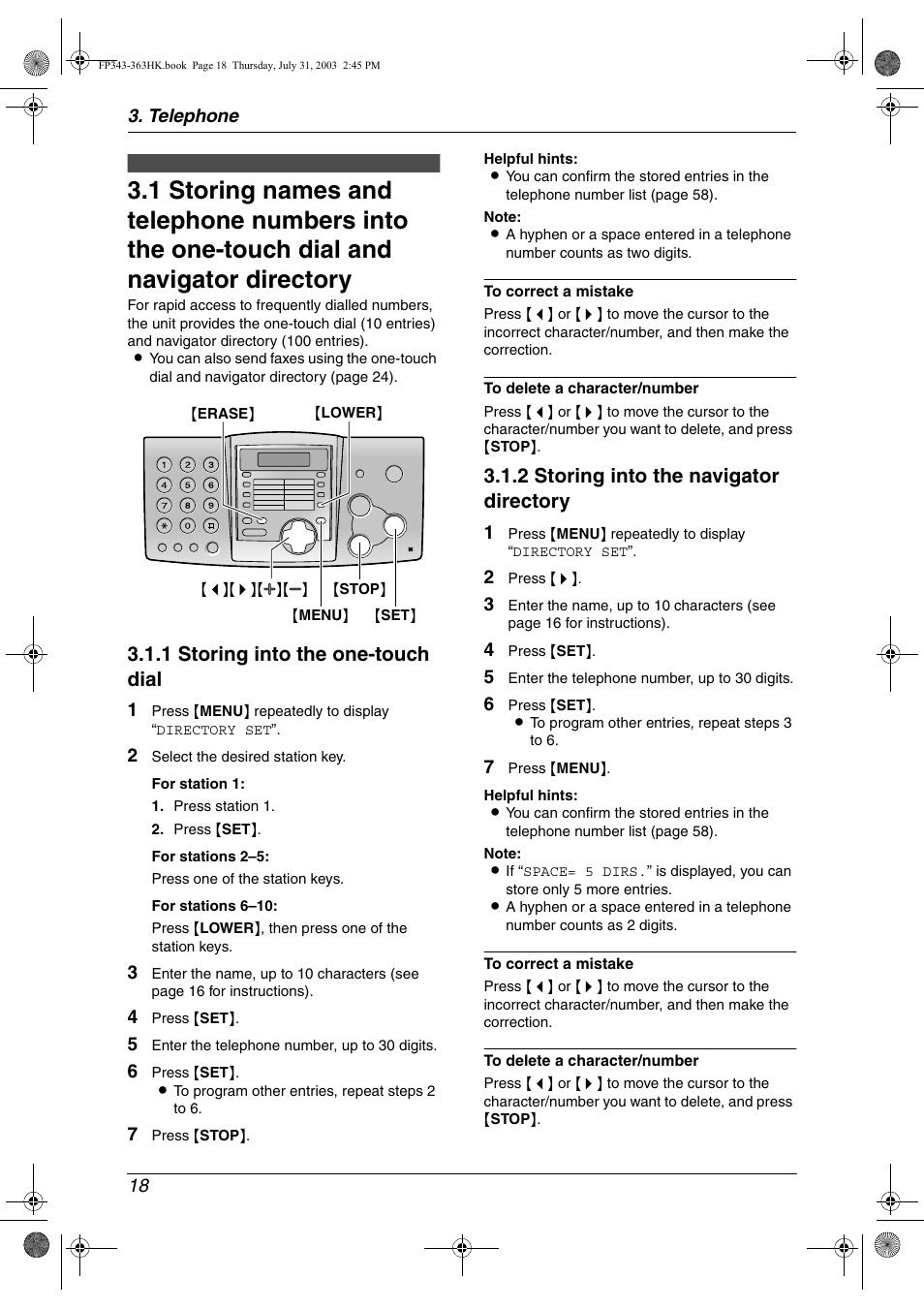 Telephone, Automatic dialling, 1 storing into the one-touch dial | 2 storing into the navigator directory | Panasonic KX-FP343HK User Manual | Page 20 / 66