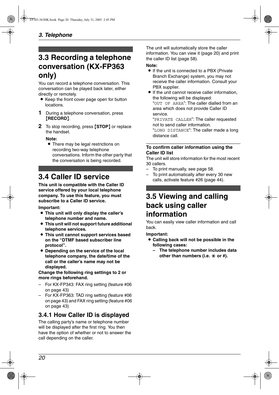 Recording, Caller id, 4 caller id service | Recording a telephone conversation (kx-fp363 only), Caller id service, Viewing and calling back using caller information, 4 caller id service, 1 how caller id is displayed, Telephone 20 | Panasonic KX-FP343HK User Manual | Page 22 / 66