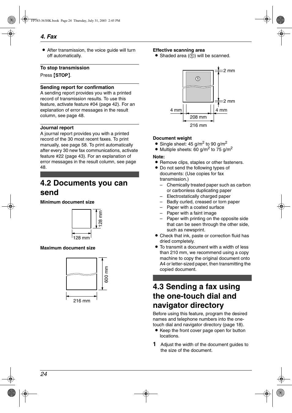 2 documents you can send, Documents you can send, 2 documents you can send | Fax 24 | Panasonic KX-FP343HK User Manual | Page 26 / 66