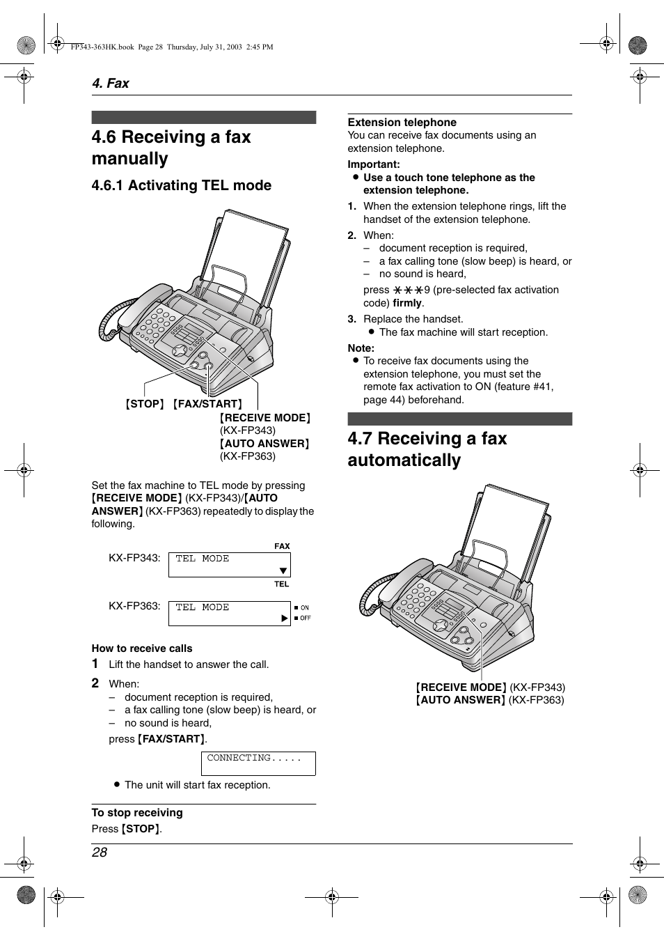 6 receiving a fax manually, 7 receiving a fax automatically, Receiving a fax manually | Receiving a fax automatically, 6 receiving a fax manually, 7 receiving a fax automatically, 1 activating tel mode | Panasonic KX-FP343HK User Manual | Page 30 / 66