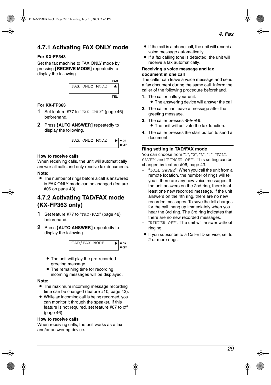 1 activating fax only mode, 2 activating tad/fax mode (kx-fp363 only) | Panasonic KX-FP343HK User Manual | Page 31 / 66