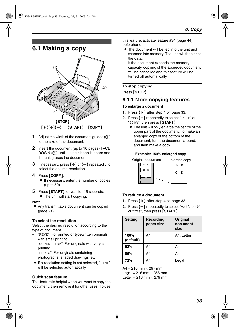 Copy, Copying, 1 making a copy | Making a copy, 1 making a copy, 1 more copying features, Copy 33 | Panasonic KX-FP343HK User Manual | Page 35 / 66
