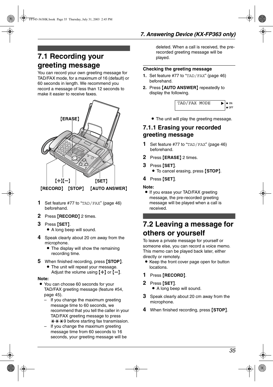 Answering device (kx-fp363 only), Greeting, 1 recording your greeting message | Memo message, 2 leaving a message for others or yourself, Answering device (kx, Fp363 only), Recording your greeting message, Leaving a message for others or yourself, 1 recording your greeting message | Panasonic KX-FP343HK User Manual | Page 37 / 66