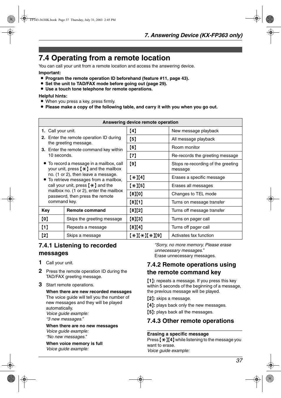 4 operating from a remote location, Operating from a remote location, 4 operating from a remote location | 1 listening to recorded messages, 2 remote operations using the remote command key, 3 other remote operations | Panasonic KX-FP343HK User Manual | Page 39 / 66