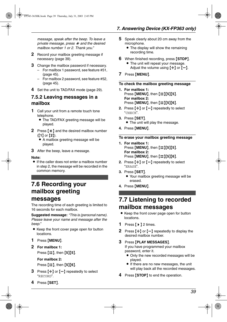 6 recording your mailbox greeting messages, 7 listening to recorded mailbox messages, Recording your mailbox greeting messages | Listening to recorded mailbox messages, 6 recording your mailbox greeting messages, 7 listening to recorded mailbox messages, 2 leaving messages in a mailbox | Panasonic KX-FP343HK User Manual | Page 41 / 66