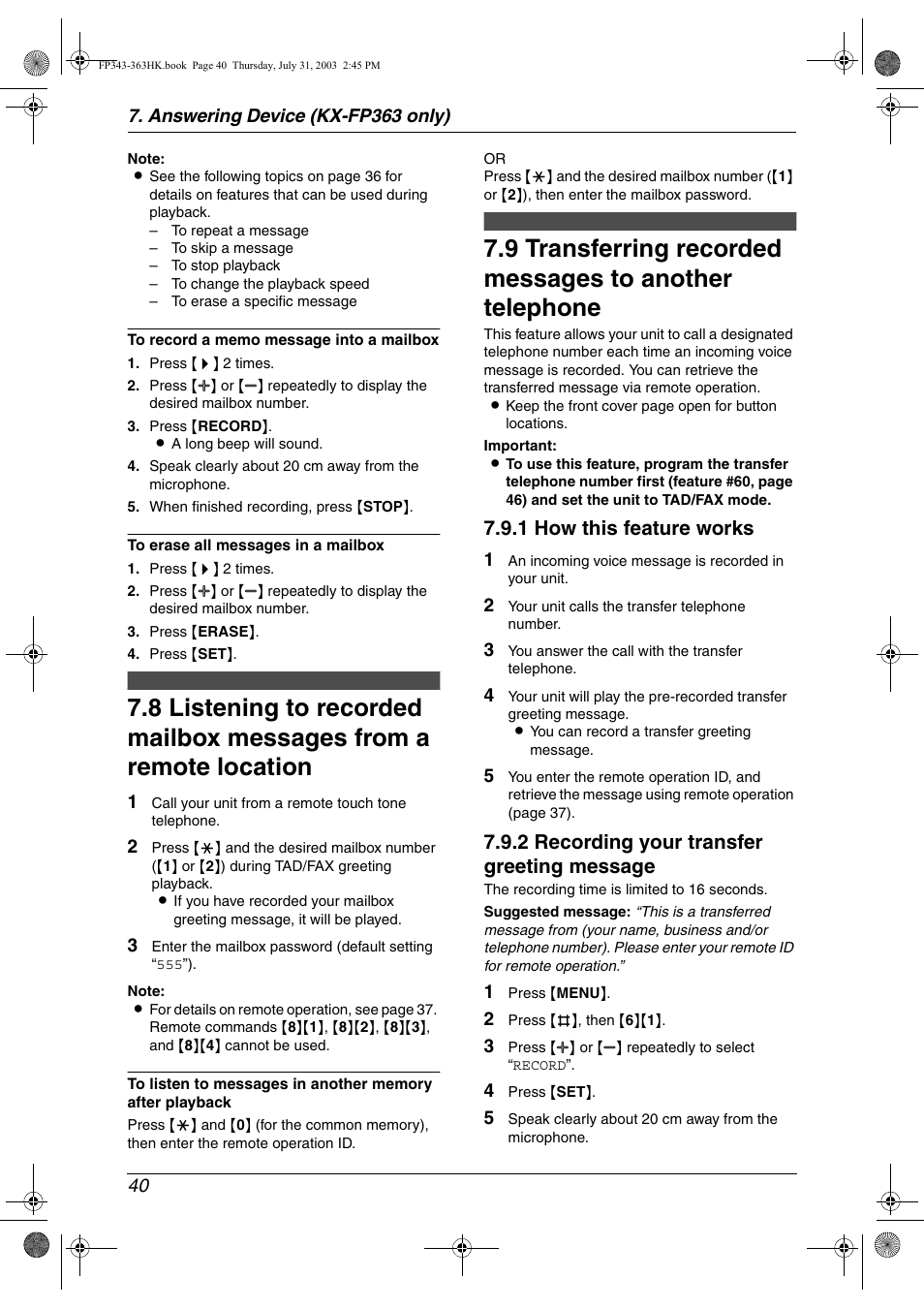 Option, 1 how this feature works, 2 recording your transfer greeting message | Panasonic KX-FP343HK User Manual | Page 42 / 66