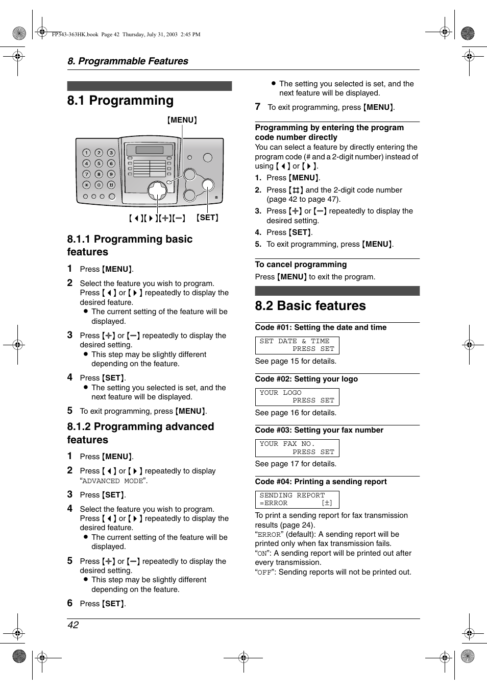 Programmable features, Features, 1 programming | 2 basic features, Programming, Basic features, 1 programming, 2 basic features, 1 programming basic features, 2 programming advanced features | Panasonic KX-FP343HK User Manual | Page 44 / 66