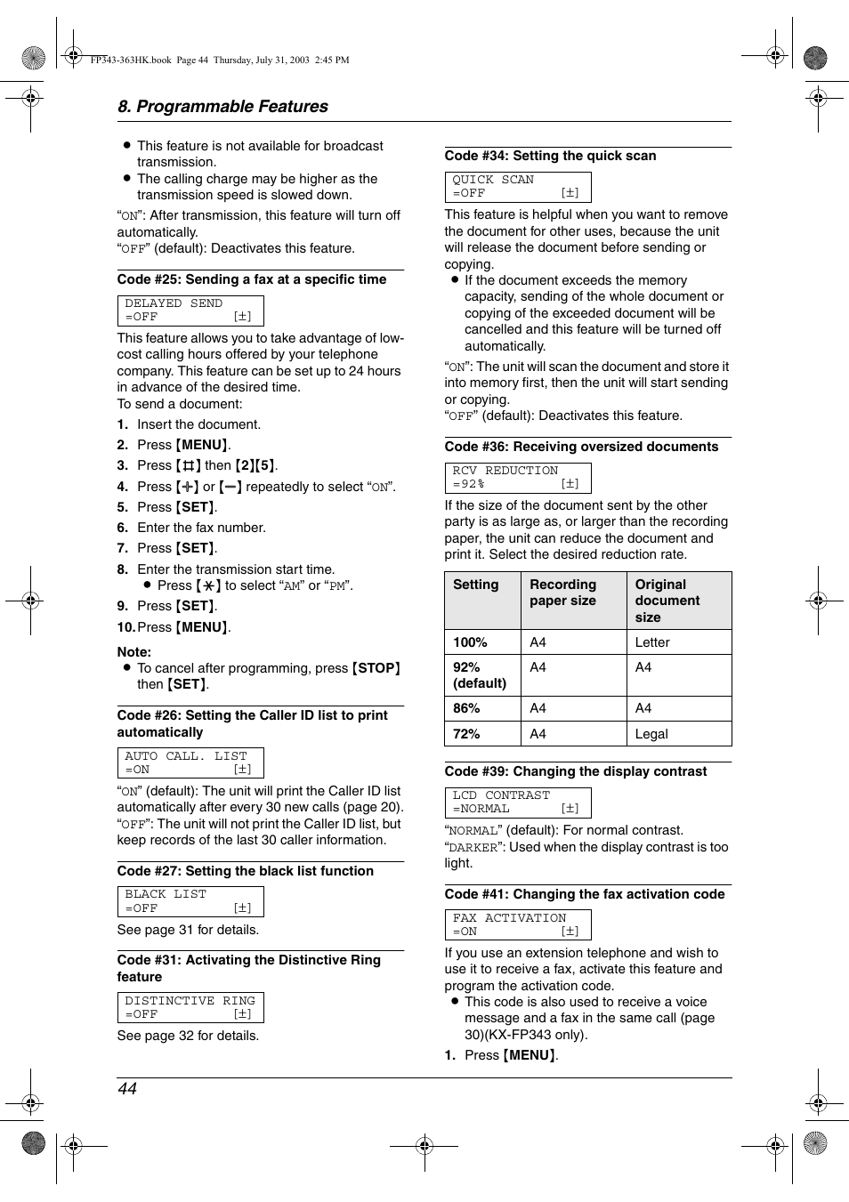 Programmable features 44 | Panasonic KX-FP343HK User Manual | Page 46 / 66