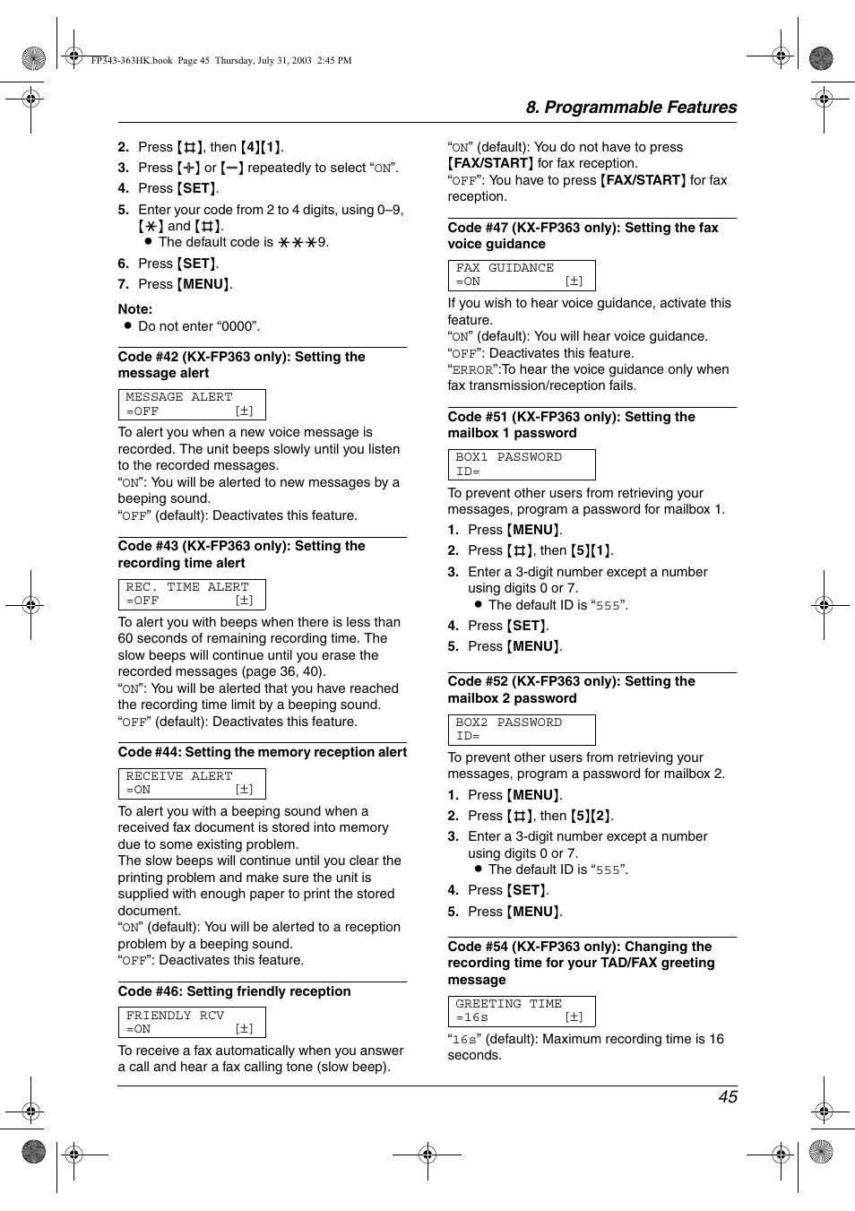 Programmable features 45 | Panasonic KX-FP343HK User Manual | Page 47 / 66