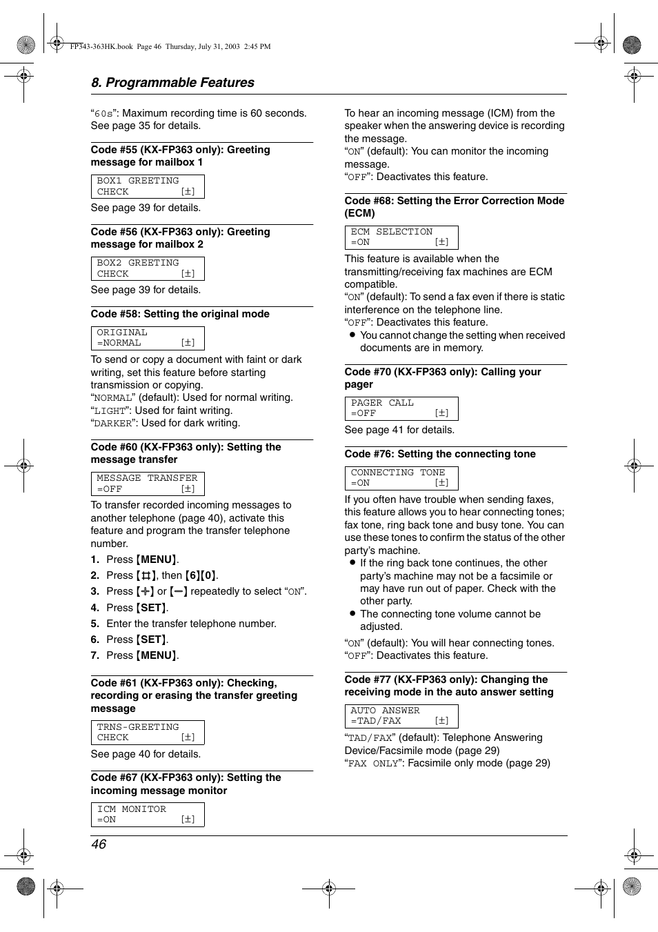 Programmable features 46 | Panasonic KX-FP343HK User Manual | Page 48 / 66