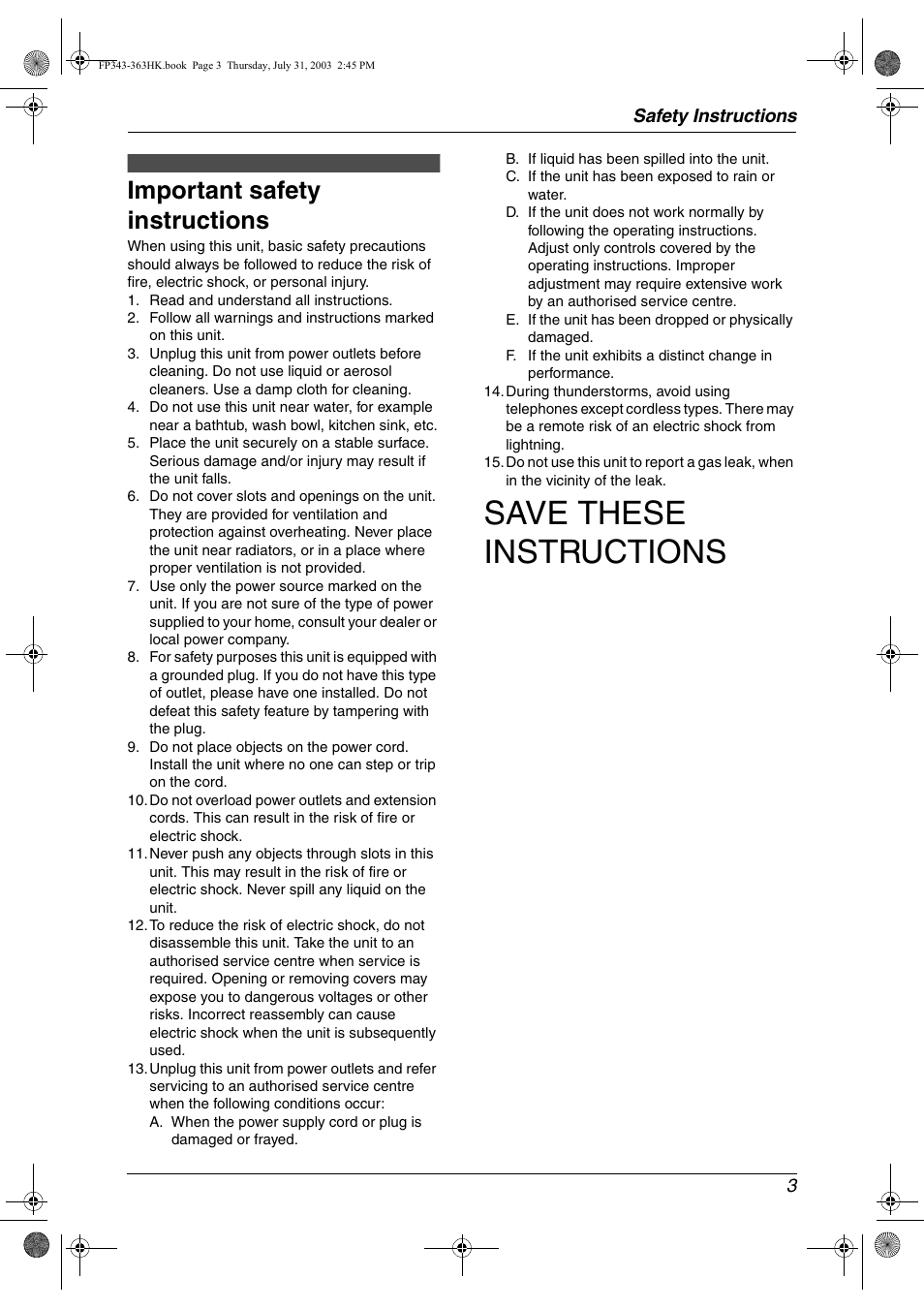Safety instructions, Important safety instructions, Save these instructions | Safety instructions 3 | Panasonic KX-FP343HK User Manual | Page 5 / 66