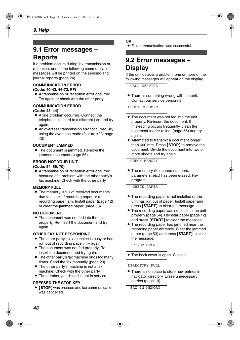 Help, Error messages, 1 error messages – reports | 2 error messages – display, Error messages – reports, Error messages – display, 1 error messages – reports, 2 error messages – display, Help 48 | Panasonic KX-FP343HK User Manual | Page 50 / 66