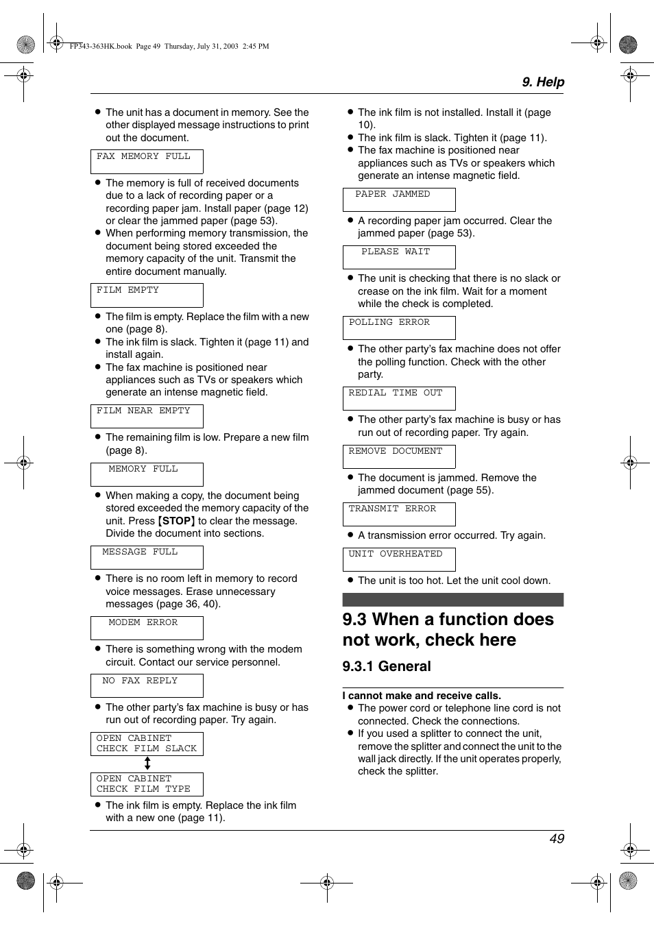 Frequently asked questions, 3 when a function does not work, check here, When a function does not work, check here | 3 when a function does not work, check here, 1 general, Help 49 | Panasonic KX-FP343HK User Manual | Page 51 / 66