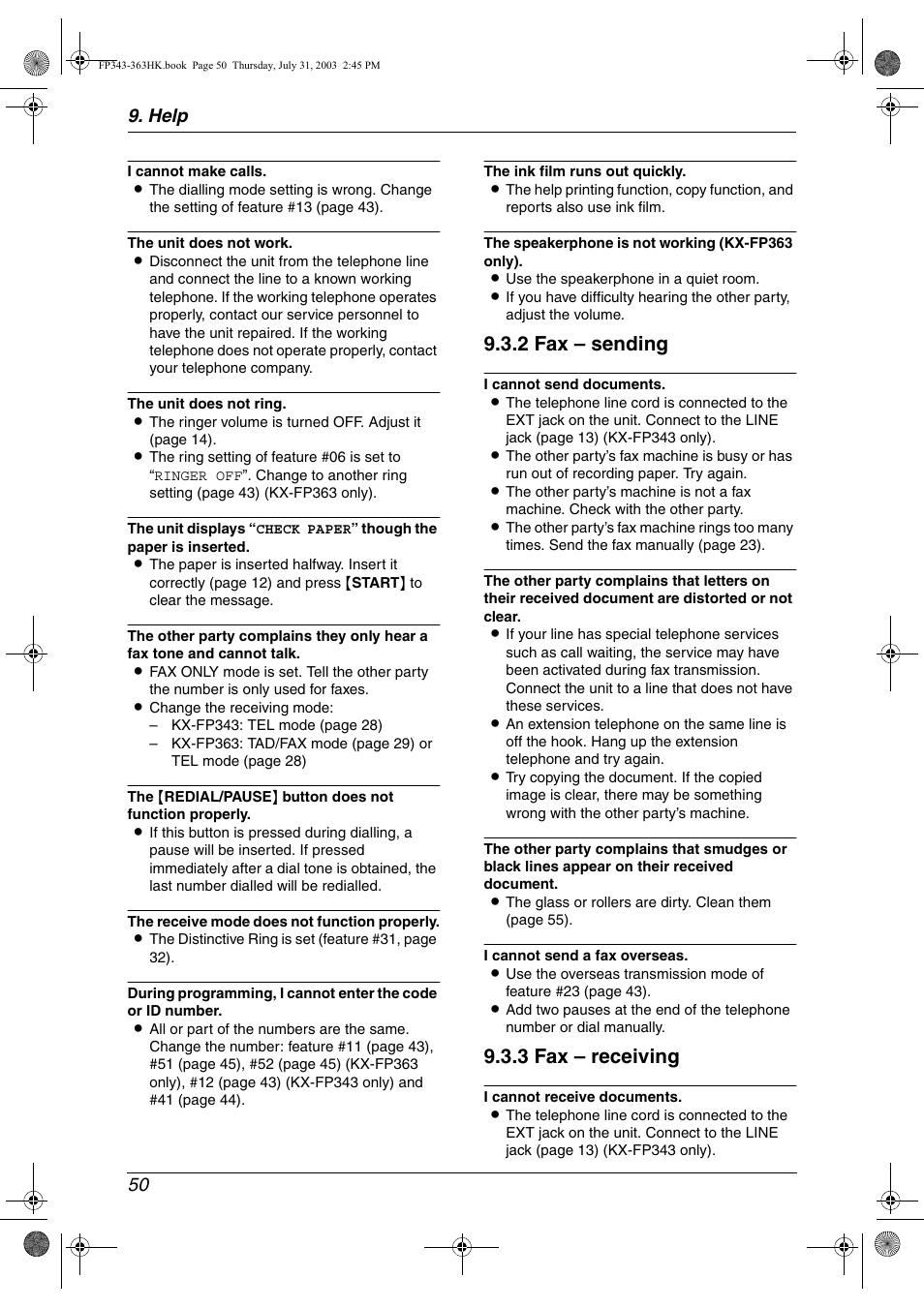 2 fax – sending, 3 fax – receiving, Help 50 | Panasonic KX-FP343HK User Manual | Page 52 / 66