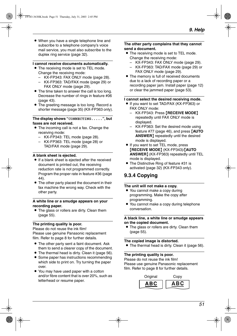 4 copying, A b c, Help 51 | Panasonic KX-FP343HK User Manual | Page 53 / 66