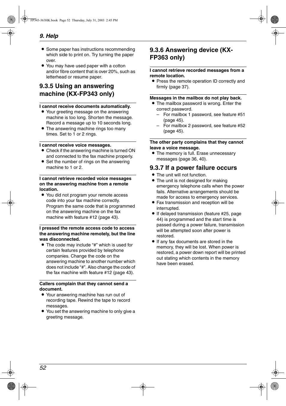 Jams, 5 using an answering machine (kx-fp343 only), 6 answering device (kx- fp363 only) | 7 if a power failure occurs, Help 52 | Panasonic KX-FP343HK User Manual | Page 54 / 66