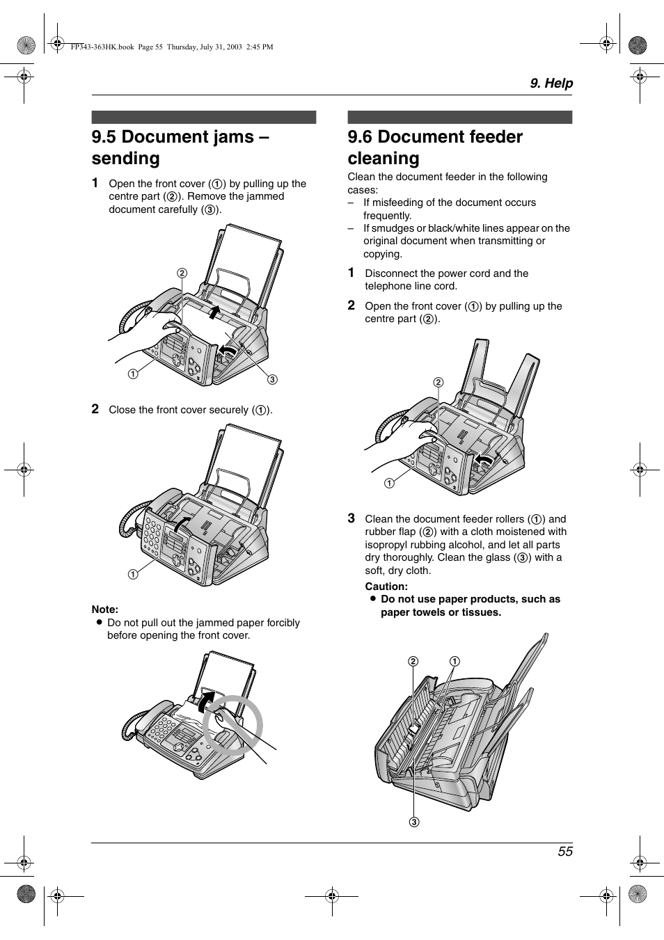 5 document jams – sending, Cleaning, 6 document feeder cleaning | Document jams – sending, Document feeder cleaning, 5 document jams – sending, 6 document feeder cleaning | Panasonic KX-FP343HK User Manual | Page 57 / 66