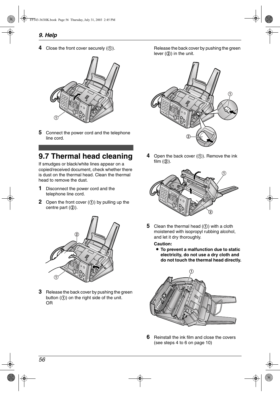 7 thermal head cleaning, Thermal head cleaning, 7 thermal head cleaning | Panasonic KX-FP343HK User Manual | Page 58 / 66