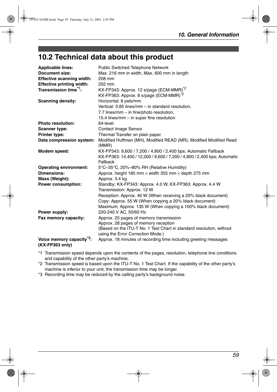 2 technical data about this product, Technical data about this product, 2 technical data about this product | General information 59 | Panasonic KX-FP343HK User Manual | Page 61 / 66