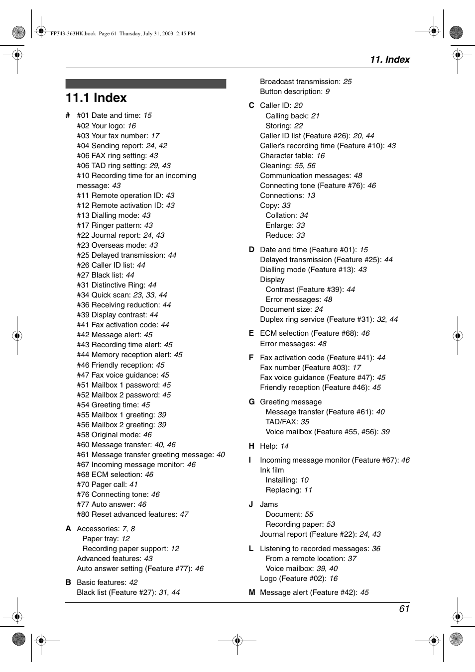 Index, 1 index, Index 61 | Panasonic KX-FP343HK User Manual | Page 63 / 66