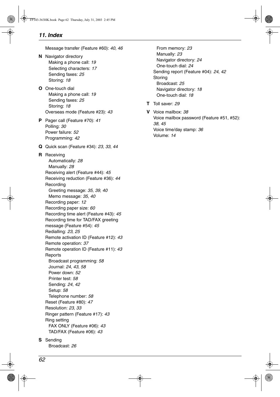 Index 62 | Panasonic KX-FP343HK User Manual | Page 64 / 66