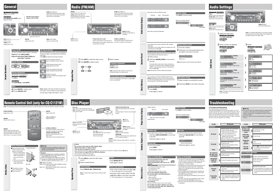 General, Disp d·m, Audio settings | Remote control unit (only for cq-c1121w), Disp r ep, Troubleshooting | Panasonic CQ-C1121W User Manual | Page 2 / 2