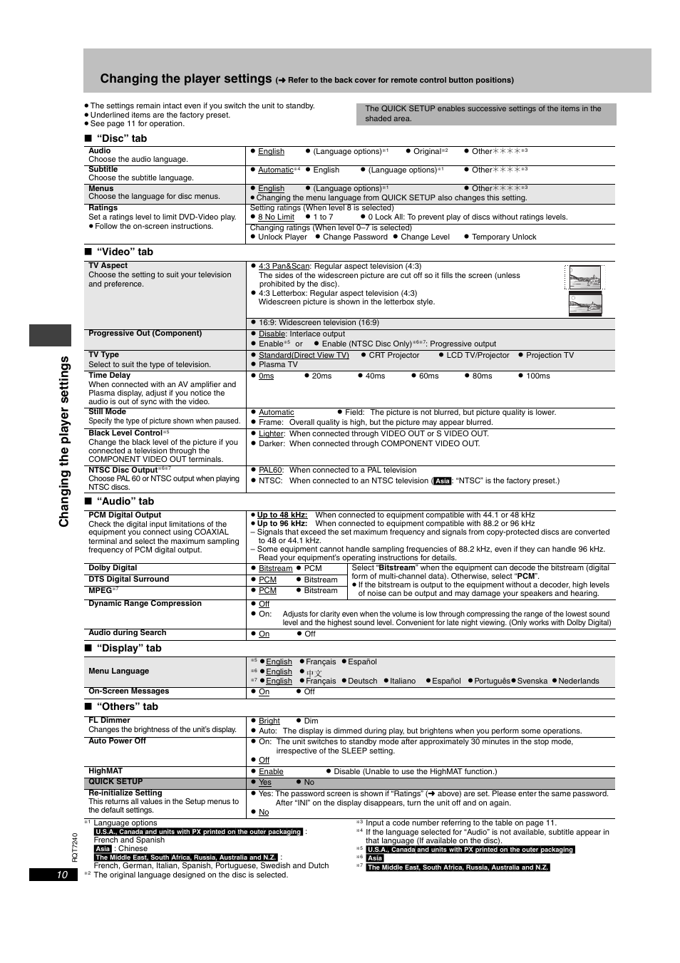 Changing the player settings, Changi ng t he pla y er set ti ngs | Panasonic DVD-S24 User Manual | Page 10 / 16